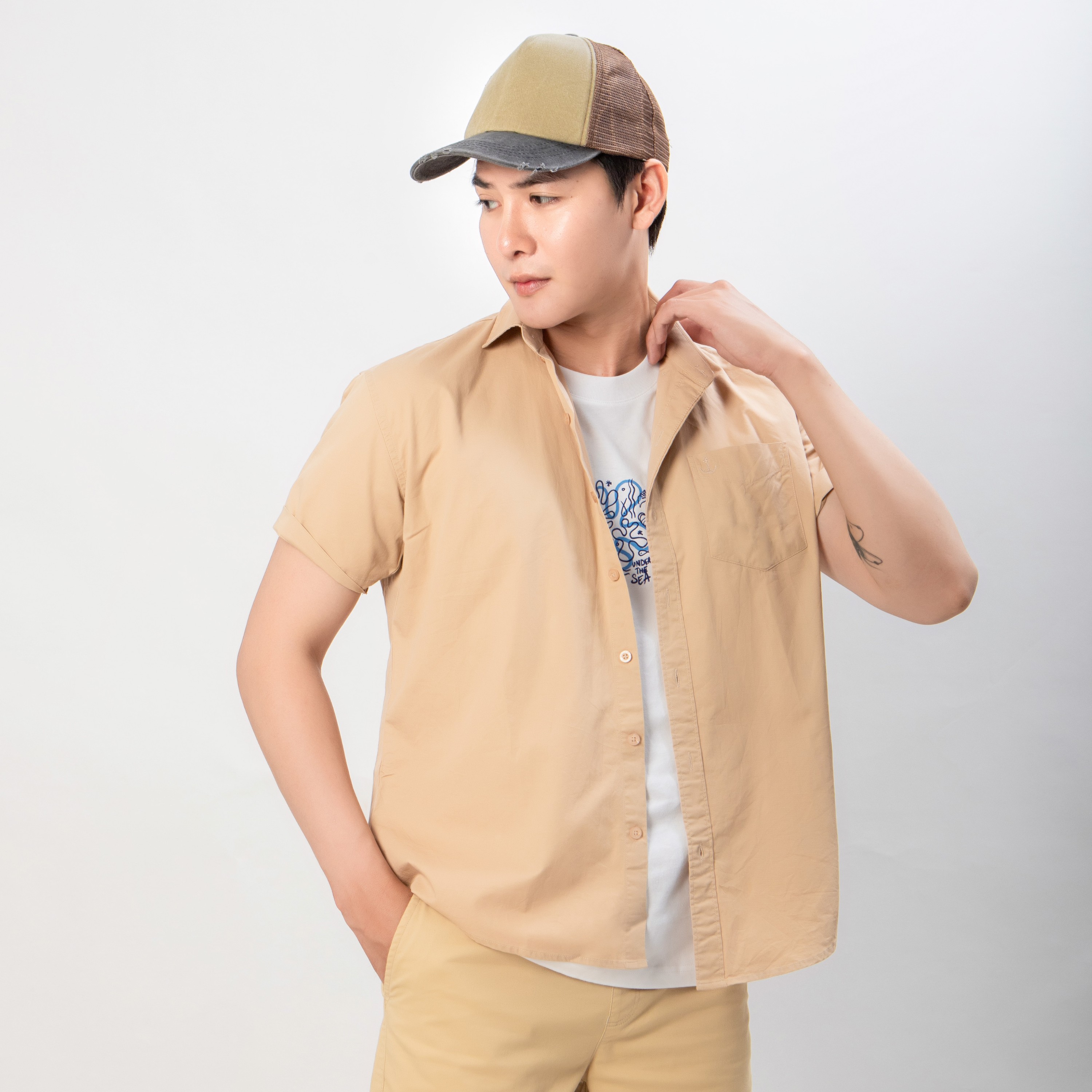 Áo sơ mi nam tay ngắn OldSailor - O.S.L KAKI SHIRT - BEIGE - SMBE88548 - be - Big size upto 5XL