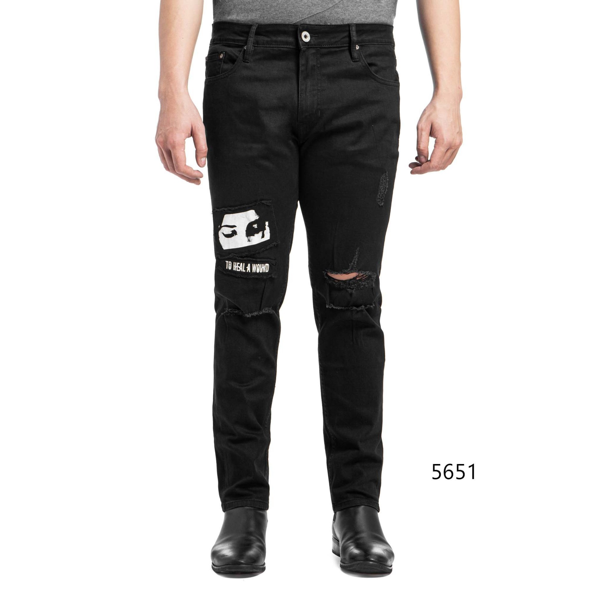 Quần jean in họa tiết Old Sailor đen - OSL SKINNY JEANS - BLACK - IN RACH - 5651 - big size upto size 42